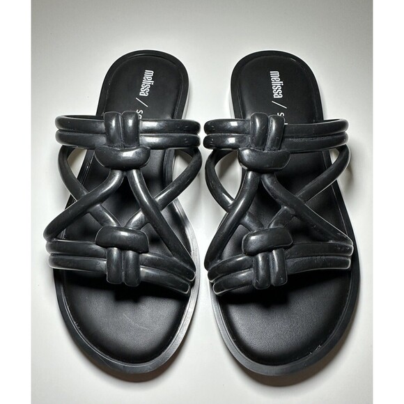 MELISSA SALINAS Women's Wave Slip On Strappy Black Sandals Flats 6 - Picture 3 of 6